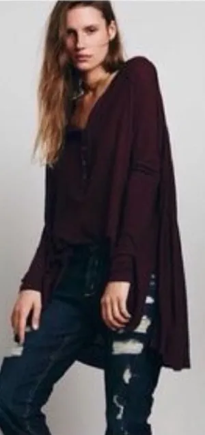 Free People Benedict Canyon Henley Maroon Flowy Tunic Size Xs thumbnail 1