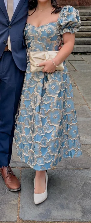 Azazie Blue and Gold Floral Puff Sleeve Dress WITH POCKETS thumbnail 2