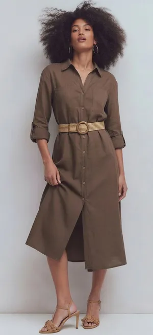 NWOT Love Tree Linen Blend Utility Shirt Dress Brown Midi Sz Medium Missing Belt thumbnail 1