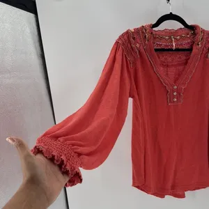FREE PEOPLE CAMELIA SIESTA FIESTA CROCHET TRIM LONG SLEEVE TOP size M loose fit thumbnail 5