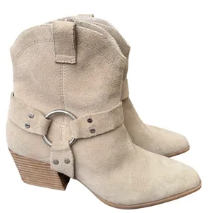 Open Edit Beige Suede Leather Harness Western Ankle Boots Size 6M thumbnail 1