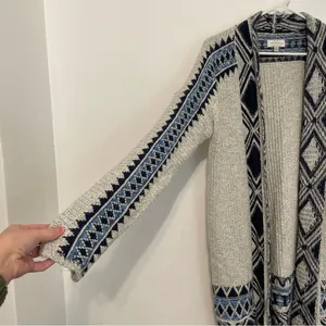 LUCKY BRAND Aztec Open Cardigan Tribal 3rd Piece Multi Navy Blue Boho Duster S thumbnail 10