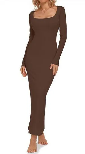NEW Brown Bodycon Ribbed Long Sleeve Square Neck Maxi Dress XS thumbnail 1