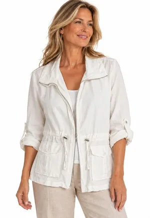 NWT Darjoni Utility Solid Linen Blend Jacket White Coastal Drawstring XL Size XL thumbnail 1