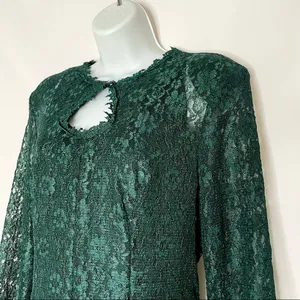 Vintage Green Lace Skater Dress Keyhole‎ Long-Sleeve Tie-Back Bow Christmas thumbnail 8