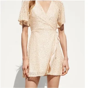 Zara Light Beige Sequin Mini Wrap Dress Party Cocktail Holiday Size‎ L thumbnail 8