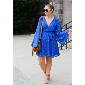 Free People Lilou Printed Bell Sleeve Dress in Cobalt Combo Fairycore Feminine S thumbnail 2
