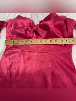 Lily pink satin off shoulder sweetheart bow mini dress. thumbnail 4