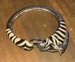 Vintage silver tone enamel zebra clamper bangle bracelet thumbnail 1