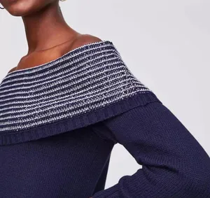 Loft Ann Taylor Sweater Off the Shoulder X-Large XL Navy Blue Cotton Nautical thumbnail 3
