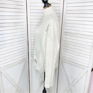 Free Generation Multi Stich Fringe‎ Distressed Turtle Neck Sweater Cream Small thumbnail 3