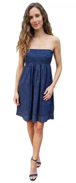 J. Crew Navy Blue Cotton Strapless Eyelet Hem Mini Dress Smocked Back Large‎ thumbnail 1
