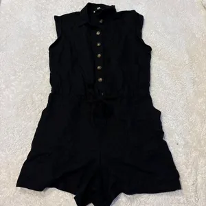 LOFT Women Black Linen Short Sleeve Romper Boho Indie Resort Casual Preppy Sz L thumbnail 1