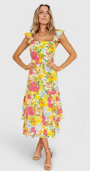 Baltic Born Dani Ruffle Tiered Midi Dress | Multi Floral Size M thumbnail 1