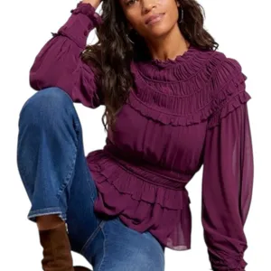 FARM RIO Ruffled Pleated Burgundy Purple Peplum‎ Blouse Sheer Sleeve Top XS thumbnail 2