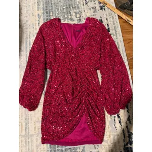 Retrofête Pink‎ Sequin Mini Dress Long Sleeve V-Neck Ruched Cocktail Magenta S thumbnail 2
