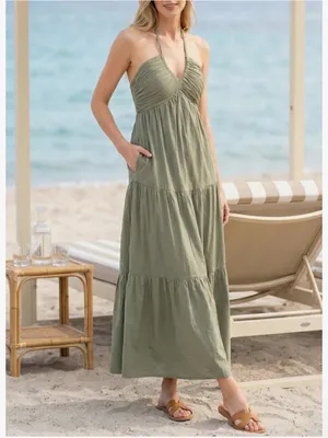 Women's Sage Green Halter Tiered Vacation Maxi Dress with Pockets, Size XS thumbnail 3