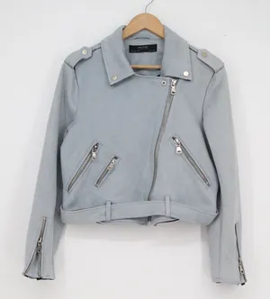 Zara Basic Light Blue Faux Suede Moto Biker Jacket Cropped Size L thumbnail 1