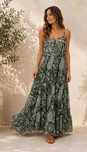 AKIRA Olive Sage Printed Spaghetti-Strap Maxi Dress thumbnail 1
