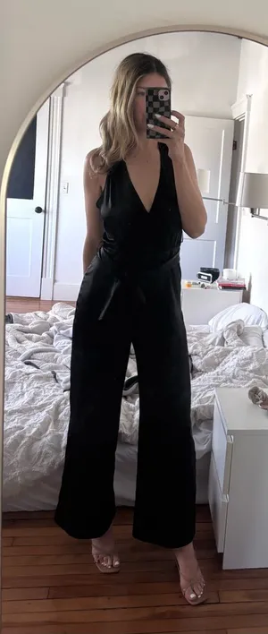 ZARA Jumpsuit Black V Neck Satin Effect Halter Wide Leg S thumbnail 1
