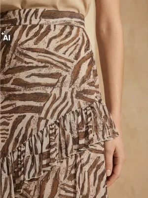 Sinsay Beige Zebra-Print Tiered Ruffle Asymmetrical Midi Lined Skirt Size XL thumbnail 4