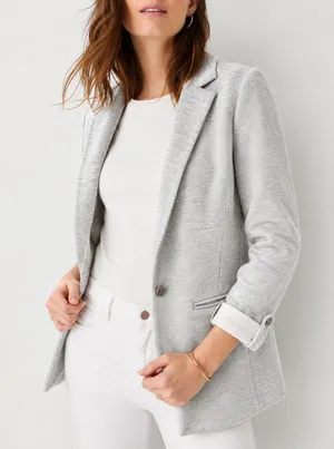 Ann Taylor Knit Blazer Jacket Gray Heather Cotton One Button Roll Tab Sleeve 6 thumbnail 1