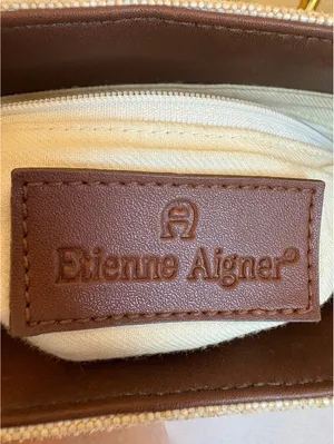 Etienne Aigner Beige Woven Shoulder Bag with Brown Leather Trim and Gold-tone Cl thumbnail 5