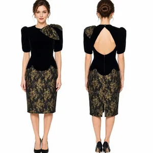 Vintage 1980s Scott McClintock Black Velvet Gold Brocade Dress Open Back S/M thumbnail 2