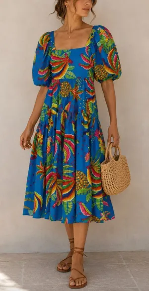 NEW Farm Rio Tropics Tiered Midi Dress XS Banana Print Puff Sleeve Empire Waist thumbnail 1