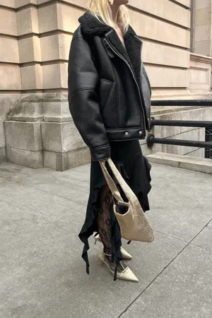 Oak + Fort Black Faux Leather Jacket with Shearling Collar thumbnail 6