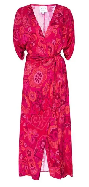 MISA Los Angeles Psychedelic Floral Wrap Maxi Dress Pink Red Orange V-Neck Boho thumbnail 1