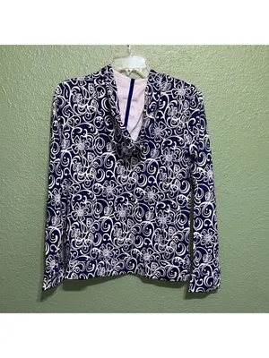 Vintage Liz Claiborne Navy White Floral Boho Hoodie jacket lightweight cruise thumbnail 5
