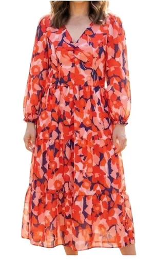 Sincerely Jules Floral Tiered Midi Dress Long Sleeve Chiffon Red Pink Navy Sz M thumbnail 1