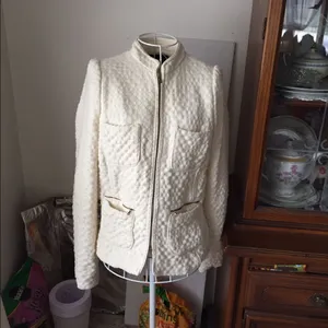 Zara Wool Blend Zip Front Textured Blazer Medium Winter White thumbnail 3