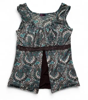 Agenda Y2K paisley babydoll tank top with teal, brown, and beige colors thumbnail 1
