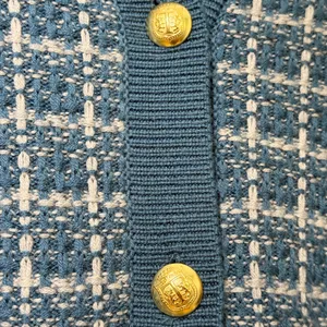 Talbots Merino Wool V Neck Cardigan Sweater Texture Plaid Blue White Size Medium thumbnail 9