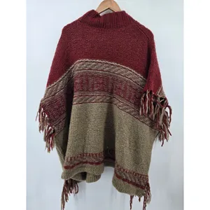 Free‎ People Poncho Sweater Womens M/L Red Tan Fair Isle Fringe Mock Neck Boho thumbnail 5