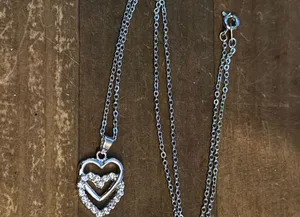 Vintage silver tone cubic zirconia double heart pendant necklace thumbnail 2
