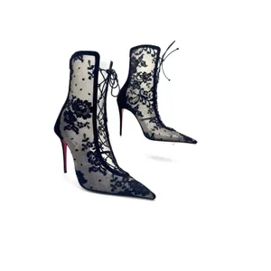 Christian Louboutin KM Lace Booty 100 Black Mesh Floral Lace Boots Sz 39.5 thumbnail 12
