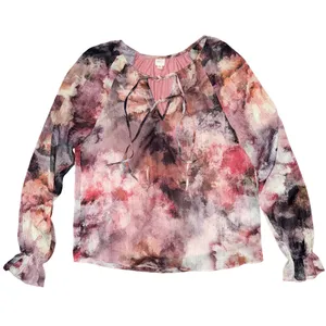 💖 Autres Filles Watercolor Grunge‎ Puff Long Sheer Sleeve Abstract Blouse thumbnail 1