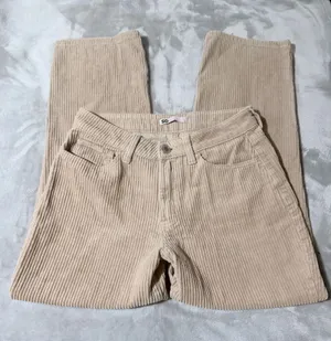 SO High Rise Straight Leg Corduroy Pants Beige Women Pockets Button Size 7 thumbnail 1