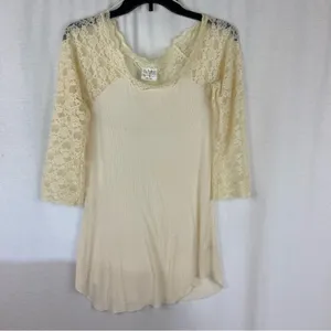 Free People Cream Lace Sleeved Romantic Fairycore Regencycore Ribbed Top thumbnail 8