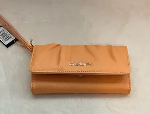 bebe Peach-Orange Wristlet Clutch with Gold Logo thumbnail 1