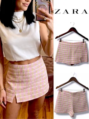 ZARA | NWOT Morocco Cotton Pink Green Plaid Tweed Side Zip Mini Skirt Shorts (S) thumbnail 2