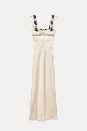 Zara dress lingerie style ivory black lace crochet ribbon tied satin effect maxi thumbnail 7