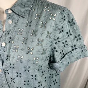 GAP XXS Blue Eyelet‎ Shirt Dress Button Front Short Sleeve Preppy Coquette thumbnail 7