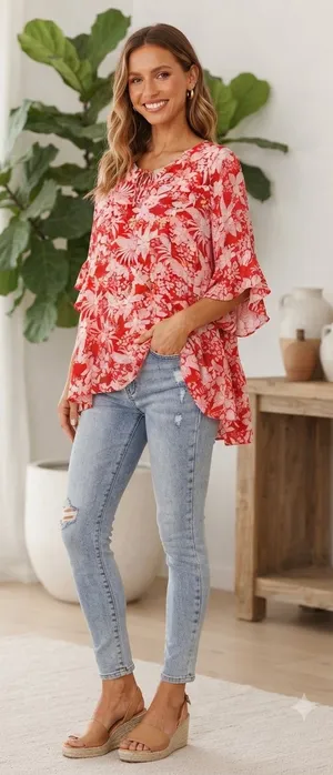 Umgee Coral Red Floral Flutter Sleeve Tunic thumbnail 1