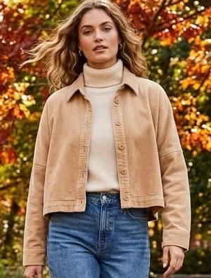 Forever 21 Button Up Shirt Jacket Shacket Tan Corduroy Cropped Boxy Minimalist L thumbnail 1