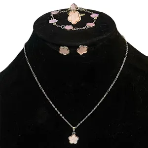 Gold tone pink mother of pearl flower jewelry set thumbnail 1