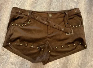 Edikted Brown Studded Low-Rise Jean Shorts with Belt thumbnail 1